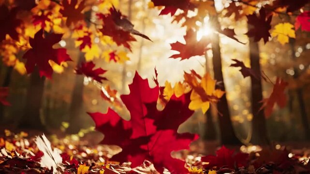 Abstract fall colors swirling in air with golden leaves falling on pure effect green screen falling leaves animation style featuring
