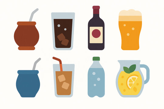Argentine Beverage Icon Set with Mate, Fernet, Malbec and Coffee in Flat Vector Style