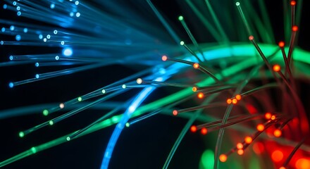 Abstract Close-up of Glowing Fiber Optics in Blue and Green