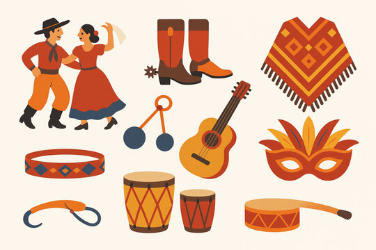 Argentinian Folklore Icon Set with Chacarera, Gaucho and Traditional Instruments in Flat Vector