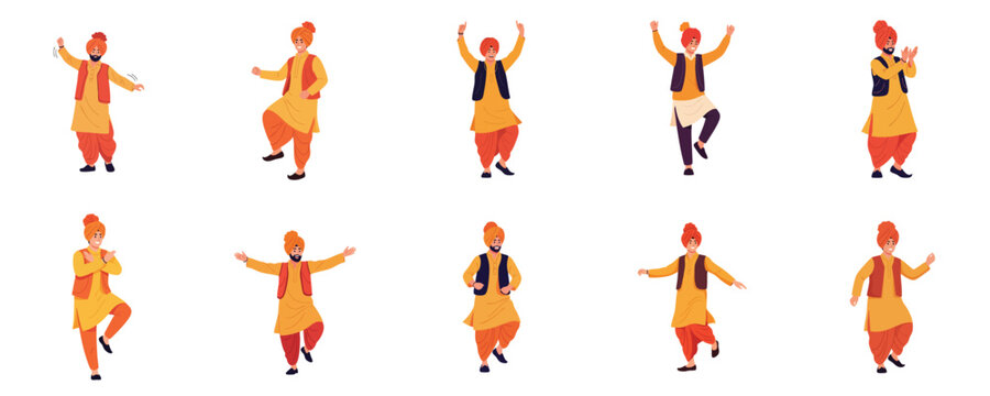 Punjabi Bhangra Dancers Performing Traditional Indian Folk Dance Flat Vector