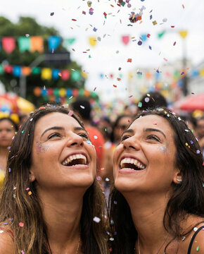 Duas mulheres jovens sorrindo e celebrando em festa de rua com confetes