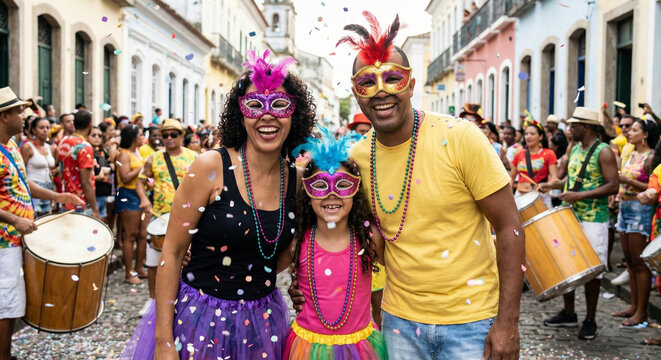 Fam&iacute;lia sorridente celebrando carnaval de rua com confetes e fantasia colorida