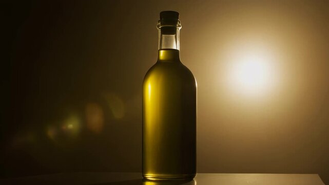 High-quality olive oil bottle on a table with dramatic lighting, showcasing the product's elegance and sophistication