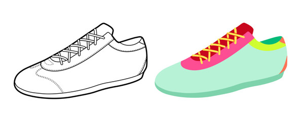 Neon running shoe flat plus line set. Trend sport footwear for gym, city run capsule activewear wardrobe. Technical fashion illustration, CAD mockup mixed vector woman men unisex isolated sporty style