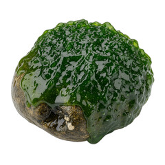 Macro shot of a vibrant green gelatinous algae patch, realistic wet rock cover, sharp focus, high detail. Ideal for science, biology, nature education, environmental studies,