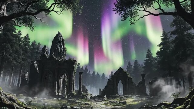 Shimmering Aurora Over Icy Wilderness with dark vignette encroaching on pure effect green screen light leaks style featuring