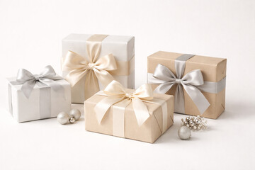 Obraz premium Caixas de presente elegantes em tons neutros com laços de cetim sobre fundo branco