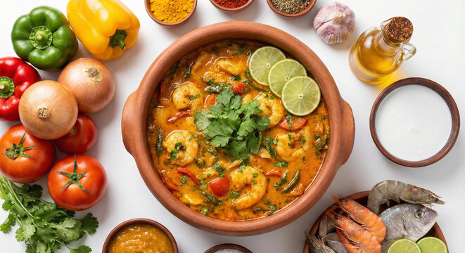 Moqueca de camar&atilde;o com leite de coco em panela de barro, vista superior