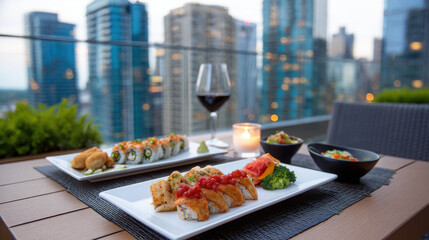 Fototapeta premium Modern Rooftop Dinner Experience with Candlelit Ambiance Against a City Skyline Featuring Gastronomic Delights and Fine Wine