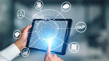ERP icons show management, integration, and business process. ERP supports data management, ERP efficiency, and ERP organizational solutions. Gist