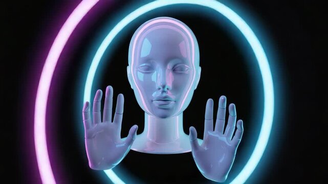 A modern human-like robot or animation character with outstretched hands in front of a futuristic neon pattern background.