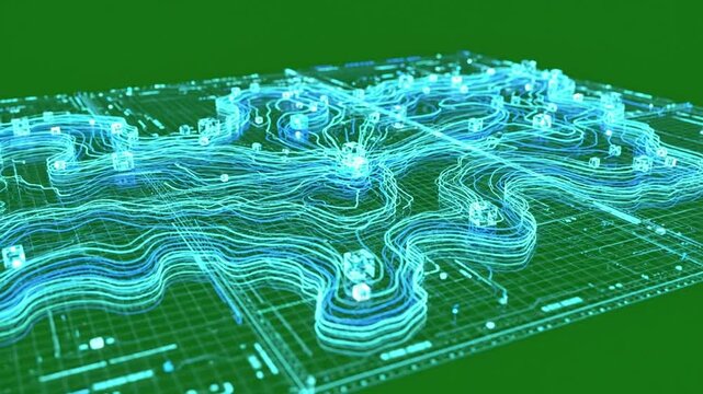 Digital code breaking free from circuitry with futuristic holographic map displaying digital effect green screen unfolding maps style