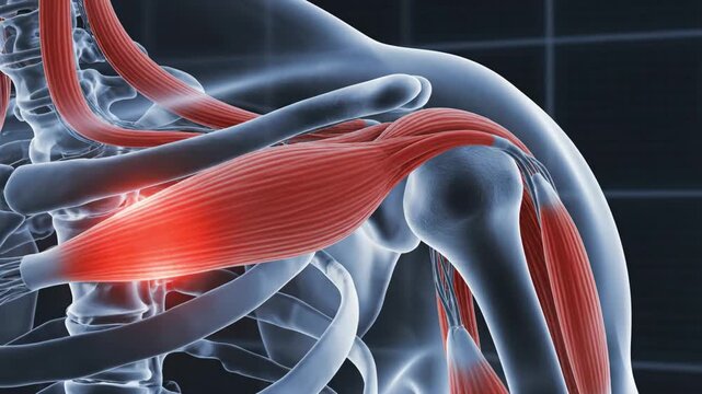 Detailed 3D X-ray style animation of the human shoulder, showing the skeletal structure and muscles. The deltoid and rotator cuff muscles are highlighted in red, pulsing to indicate severe strain.