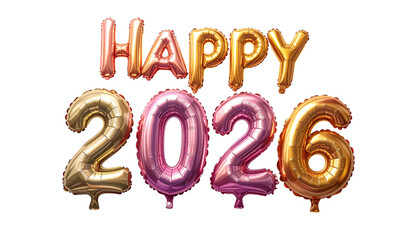 Happy 2026 greeting text made of colorful metallic foil balloons. New Year celebration concept with gold and pink numbers isolated on a transparent background for easy design integration.