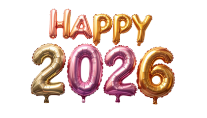 Happy 2026 greeting text made of colorful metallic foil balloons. New Year celebration concept with gold and pink numbers isolated on a transparent background for easy design integration.