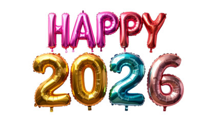 Colorful metallic foil balloons forming the phrase Happy 2026. Realistic party decoration for New Year's Eve celebration, isolated on a transparent background. Perfect for festive greeting cards.