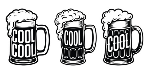 Vintage beer mugs with overflowing foam and a cool text design, Beer mug is filled to the brim with frothy beer foam, Beer mugs featuring the word COOL in various bold, decorative fonts