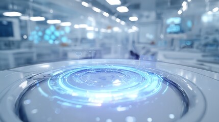 clean white medical AI interface, drug discovery hologram, soft blue glow, sterile clinical lab,