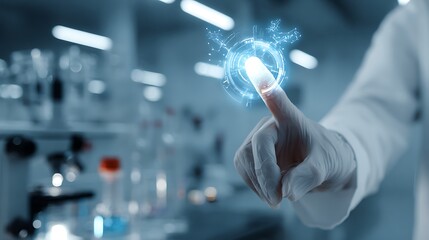 clean white medical AI interface, drug discovery hologram, soft blue glow, sterile clinical lab,