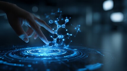 future pharmaceutical innovation AI interface, hologram molecules, blue neon glow, advanced biotech lab