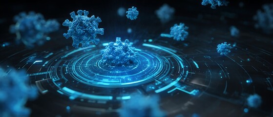 dark futuristic medical AI interface, holographic drug discovery system, glowing blue molecular clusters