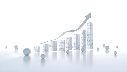 3D rendering of abstract growth graph with cubes, spheres, and an upward arrow symbolizing business growth, success, and data analysis on a minimal white background.