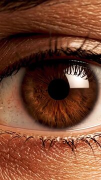 Extreme macro view of a brown human eye blinking. The camera zooms into the iris, revealing intricate textures and details as the pupil dilates in response to changing light and shadow conditions.
