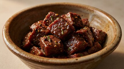 Close-up of Savory Cubed Meat Dish with Herbs and Spices in Rustic Ceramic Bowl on Table