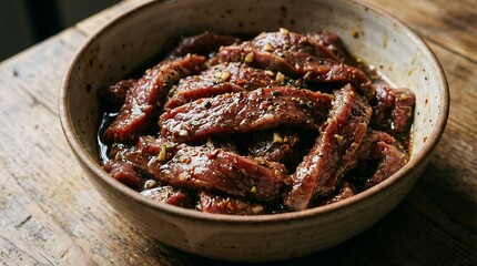 Seasoned beef strips marinating in a rustic bowl on a wooden surface, ready for cooking