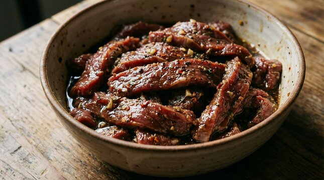 Seasoned beef strips marinating in a rustic bowl on a wooden surface, ready for cooking