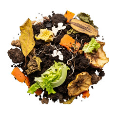 Detailed patch of compost and rotting vegetable matter, perfect for educational content on decomposition, gardening, sustainability, waste management, or Halloween designs. Top-down view,