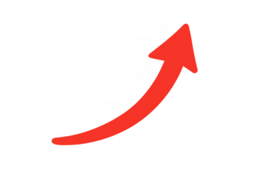 Red curved arrow pointing upwards, representing business trajectory, financial graph, progress, and increasing market trends. Transparent background