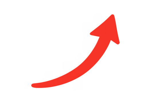 Red curved arrow pointing upwards, representing business trajectory, financial graph, progress, and increasing market trends. Transparent background - Powered by Adobe
