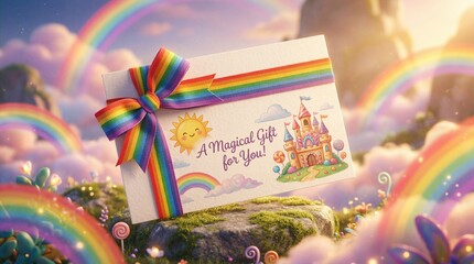 A Magical Gift for You Card with a Rainbow Ribbon in a Fantasy World