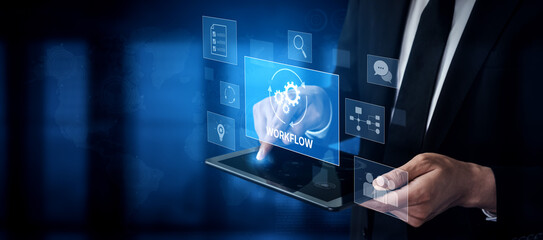 Workflow optimization concept featuring interconnected gears, task management, collaboration,...