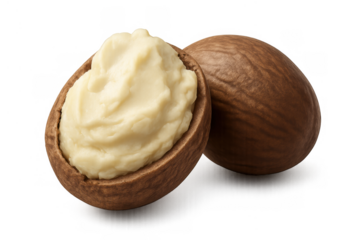 Shea butter in open shea nut shell with whole nut, ingredients for natural cosmetics and skin care, transparent background
