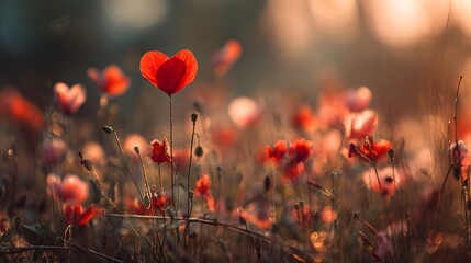 Obraz premium A field of vibrant red poppies in the golden light of dawn.