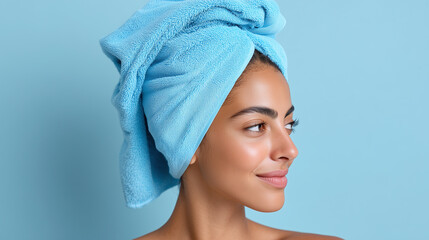 Woman with smooth skin and relaxed expression wearing powder blue towel headscarf, looking to side against matching blue background, conveying freshness and calm
