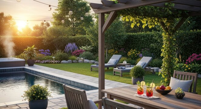 Luxurious Backyard Oasis at Golden Hour with Swimming Pool, Hot Tub, Pergola Dining Area, and Lush Landscaping for Ultimate Relaxation and Entertainment
