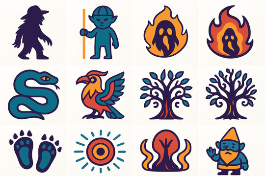 Argentinian Folklore Creature Icon Grid with Pombero, Yasy Yater&eacute; and Luz Mala in Flat Vector