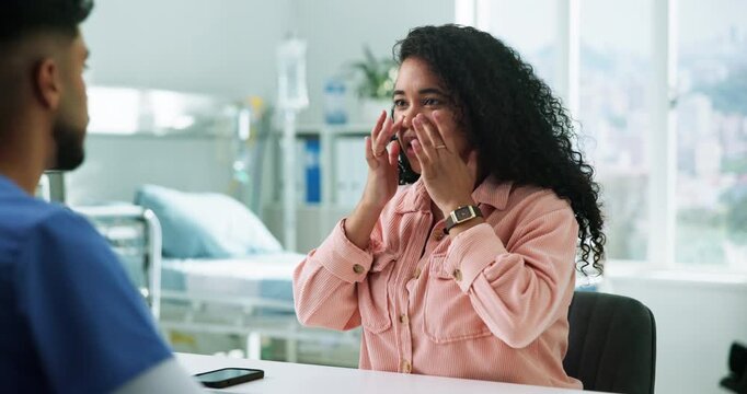 Medical, symptoms or woman in hospital with checkup, nasal discomfort or advice for treatment. Healthcare, doctor and patient in clinic with consultation, sinus discussion or guidance in client care.