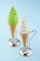 水色背景に並ぶ抹茶ソフトクリームとバニラソフトクリームコーン二つと金属スタンド