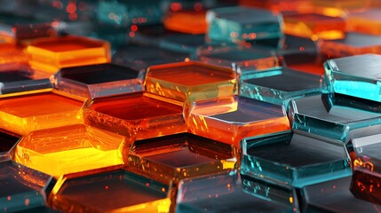 Abstract geometric pattern with vibrant orange and blue tiles.