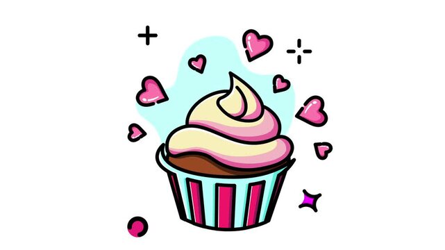 Sweet Cupcake with Hearts and Sparkles Delicious Dessert Illustration.
