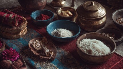 An array of aromatic ingredients and elegant ornaments evoke a rich cultural heritage