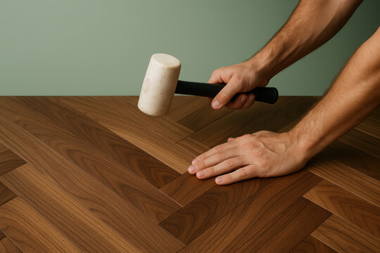 Worker installing wooden herringbone parquet flooring with rubber mallet on smooth surface, hands aligning planks carefully