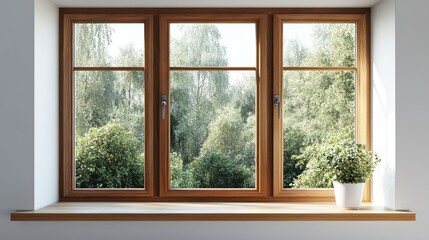 Fototapeta premium Sunny window view, trees outside, indoor plant, home decor, real estate