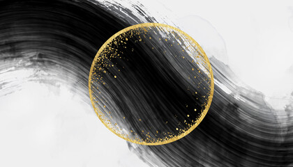Obraz premium 円相に金墨を添えた和モダン白黒墨絵背景