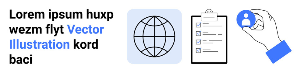 Digital connectivity, task tracking, user management, international services, workflow optimization, global reach. Globe, checklist and user icon . Digital connectivity and task tracking concepts